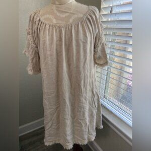 Umgee Oatmeal Color Linen Blend Fringed Dress Stretch Scoop Neck size M